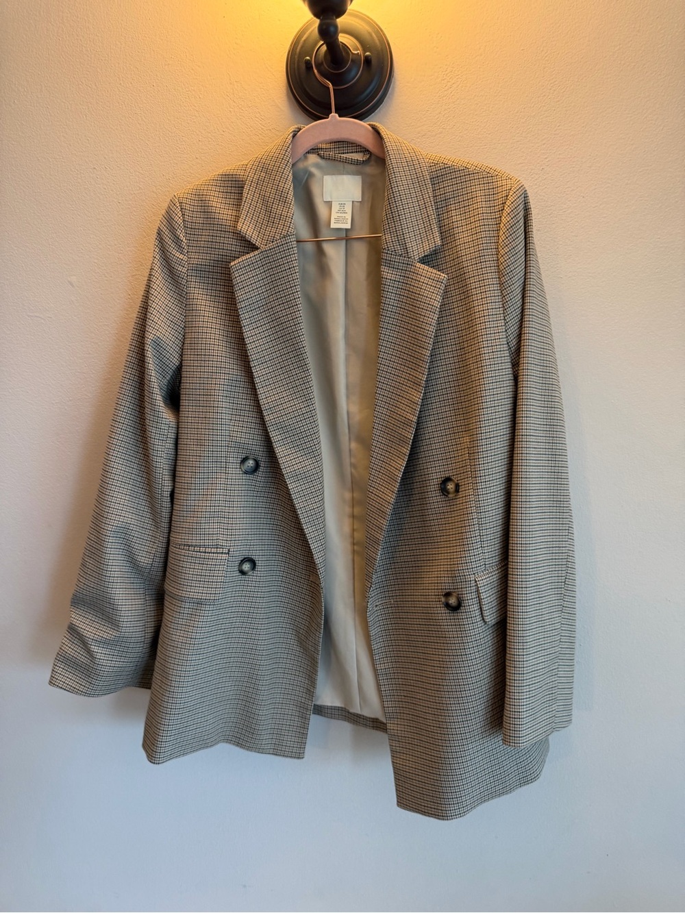 HM Womens Tan Black Houndstooth Double Breasted Blazer Jacket XS